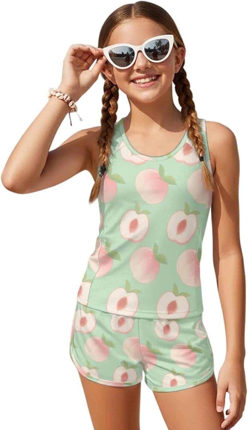 Wanyint Girls Tankini Swimsuit Two Piece for Kid Tween Teen 6-15 Years, Tank Neck Top with Boyshort Swimwear Bathing Suit