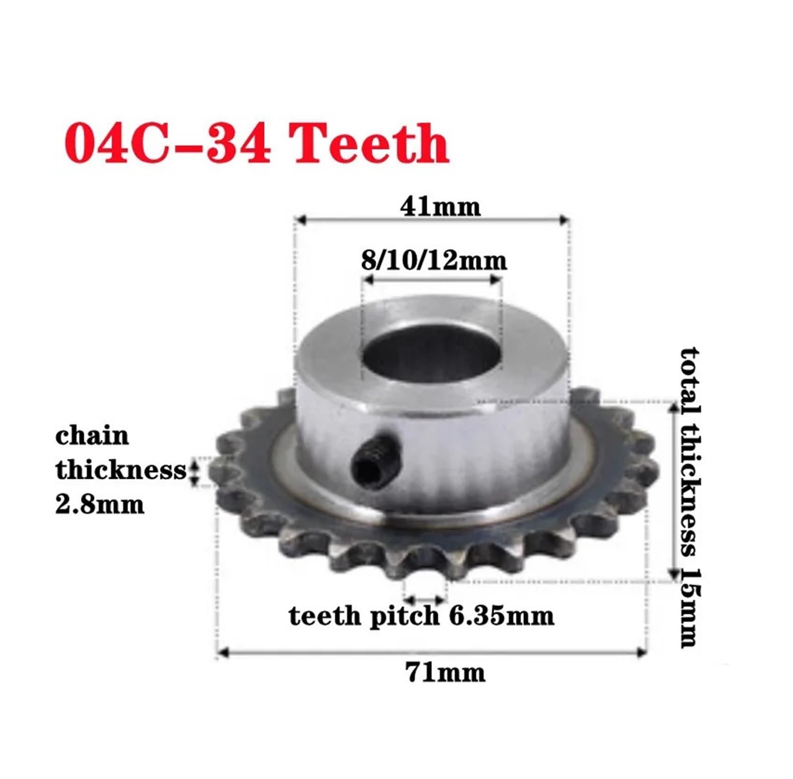 Bevel Gear Pinion Hardware Mechanical 1pcs 04C Sprocket 34Teeth Inner Hole 8/10/12mm 25H Steel Sprocket Table Wheel Finished Hole Sprocket Screw Hole M5(8mm)