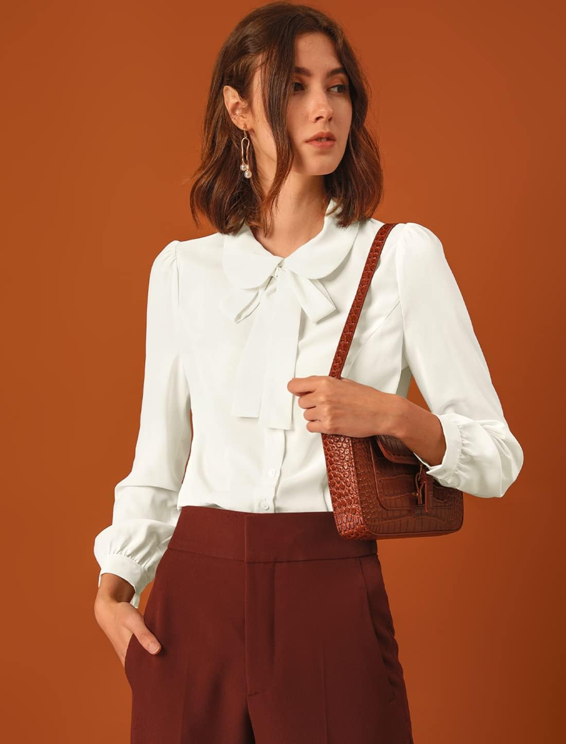 Allegra K Women's Peter Pan Collar Blouse Bow Tie Neck Vintage Casual Office Button Up Shirt - Image 2