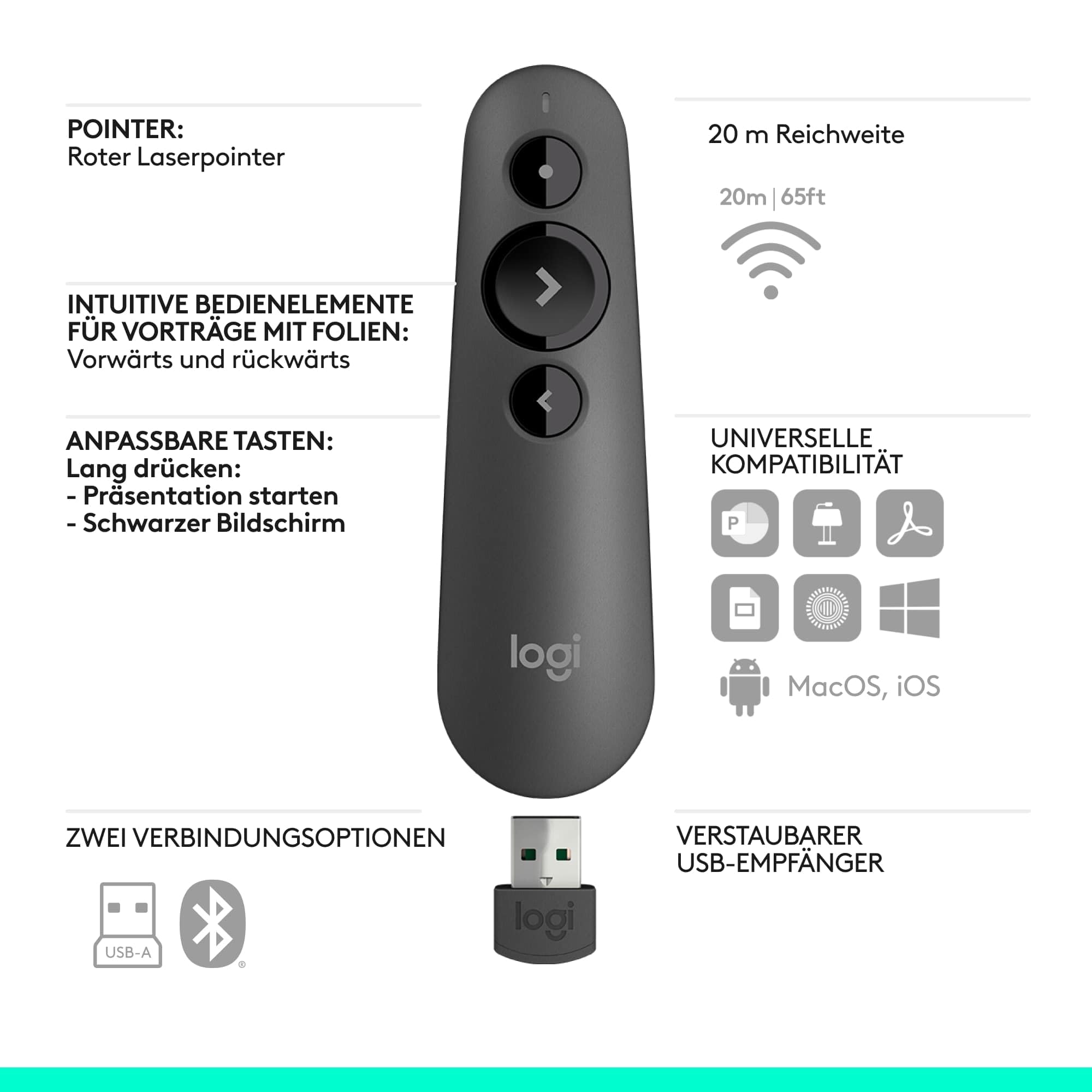 Logitech R500s Presenter mit Laser Klasse 1 für Bluetooth und USB – Universell kompatibel, 20 Meter Reichweite, konfigurierbar, intelligente Batterienutzung mit 12 Monaten Laufzeit – Dunkelgrau