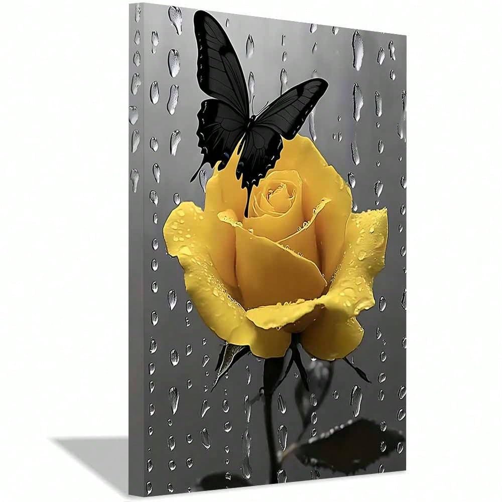 1 lienzo decorativo para pared, estampado de rosas amarillas con mariposas, para decoración de sala de estar, dormitorio, cocina y oficina (60x80cm/sin marco).