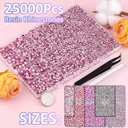 Image of 25000Pcs Resin Rhinestones for Crafting, Dark Pink 2-6mm Mixed Sizes Non Hotfix Flatback Gems with 1Pcs Glue, Bedazzling Crystal for DIY Craft Clothing Mugs Tumblers Shoes Fabric Decor Nail Art