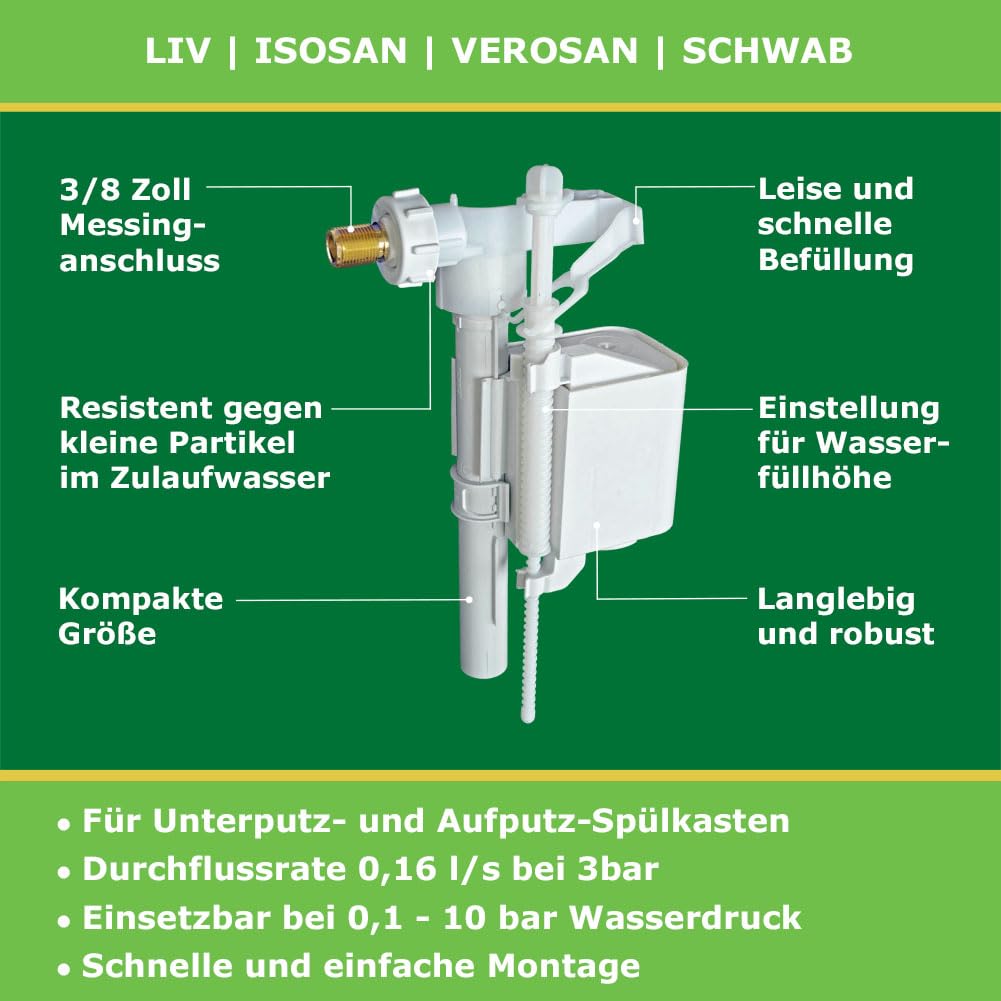 LIV Vanne de remplissage universelle pour réservoir de chasse d'eau Isosan, Verosan et Schwab (vanne flottante, flotteur)