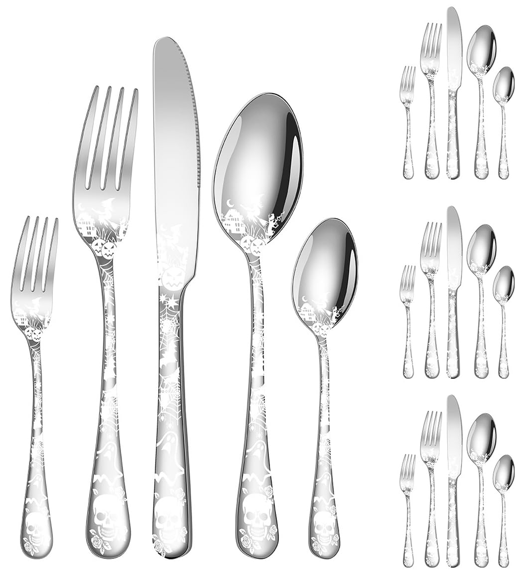 XIAOYU Halloween Themed Skeleton Silverware Set for 4, 20-Piece Stainless Steel Flatware Set