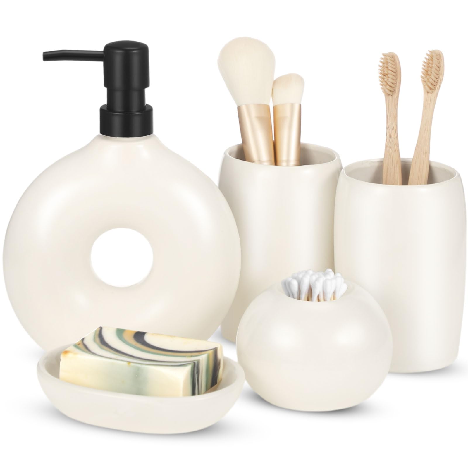Photo 1 of FoldTier 5 Pcs Ceramic Bathroom Accessories Set Includes Soap Dispenser Toothbrush Cup Holder Soapbox Holder Stylish Modern Bathroom Matte Glaze Decor(White)