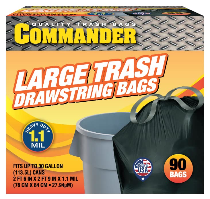 Commander 20-30 Gallon 1.1 MIL Black Tall Kitchen Drawstring Garbage Bags - 30" x 33" - Pack of 90 - For Home, Kitchen, Office, Bathroom, & Commercial