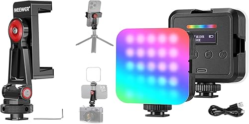 NEEWER Luz magnética de video RGB y trípode de metal para teléfono con zapata fría, luz de cámara LED de fotografía RGB61 a todo color de 360 con 3