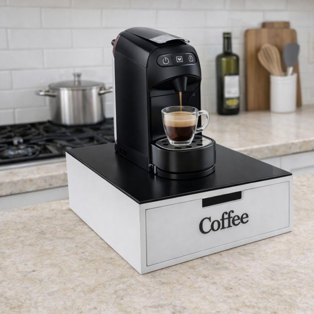 Porta Capsule e Cialde Caffè in Bambù e Vetro Nero – Cassetto 3 Scomparti Organizer Capsule e Cialde (scritta nera)