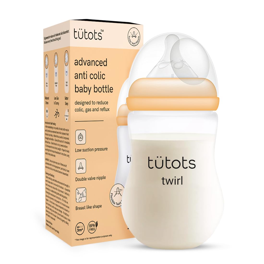Baby Feeding Bottle | AntiColic Wide Neck| BPA Free | Baby Feeding Bottle with Turbo Vent Nipple | 250 ml | Twirl Series (Peach, 250 ml)