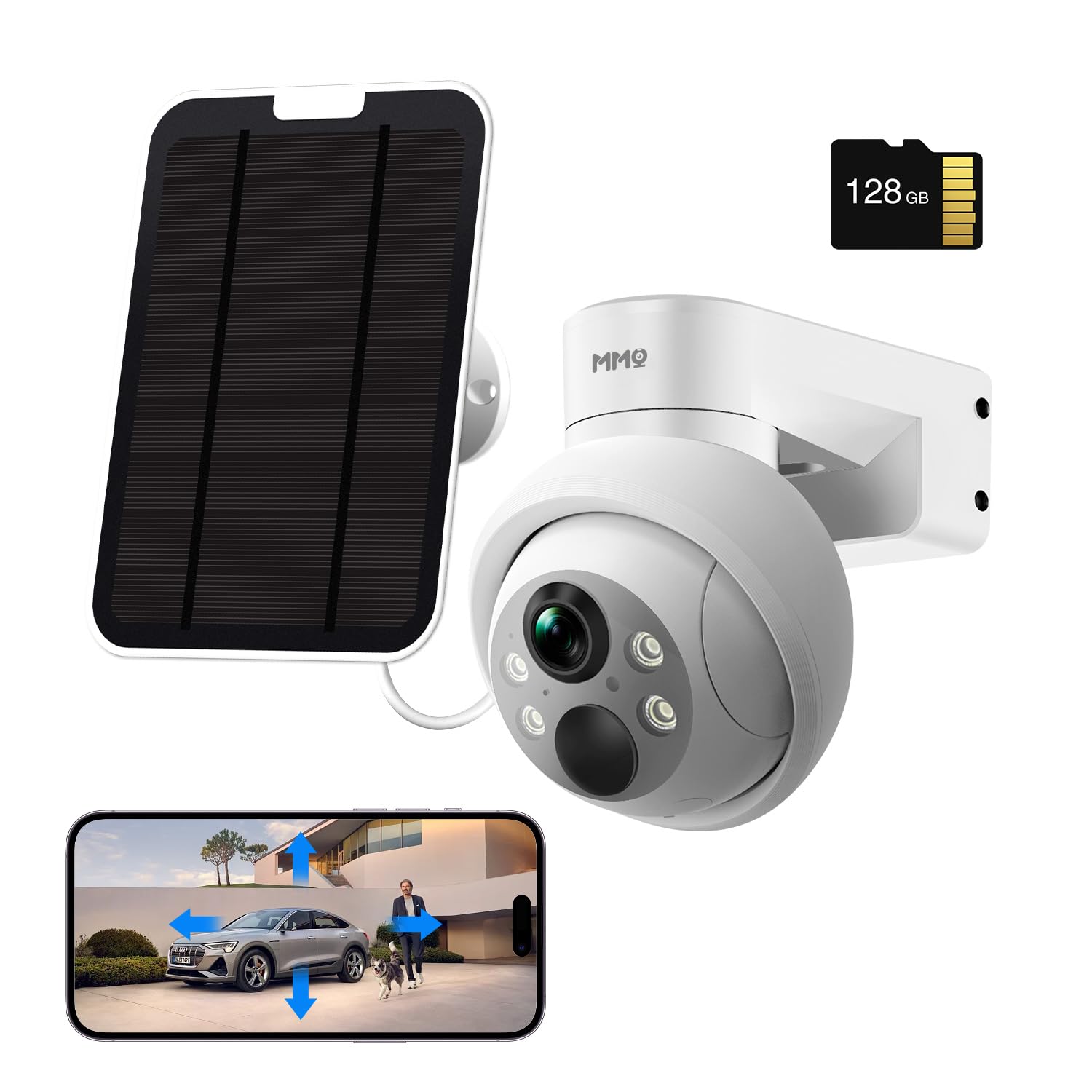 Solar Security Cameras Outdoor, 4MP PTZ Solar Panel for Security Cameras,  Battery Powered Wireless Cameras for Home with 128GB Card, PIR Motion