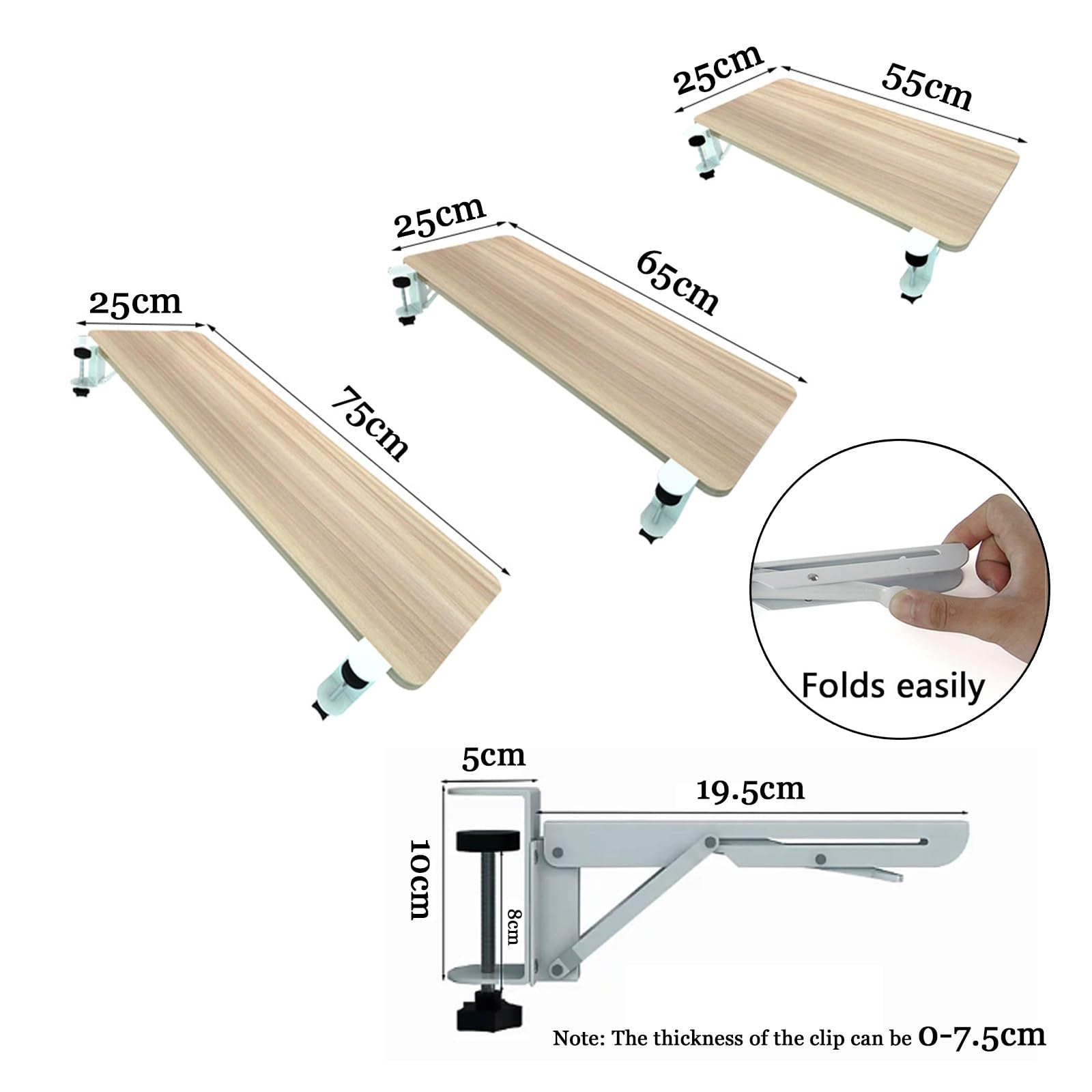 Ergonomiczne składane podparcie biurka pod klawiaturą i myszką 90°, drewniane przedłużenie biurka do pracy i gier, rozmiary 55/65/75 x 25 cm, oszczędność miejsca rozwiązanie biurowe