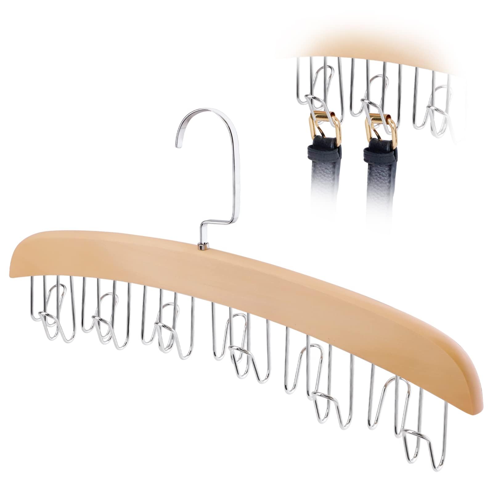 TERRIFI Tie and Belt Hanger, Hooks Holder for Closet, 12 Hooks Wooden Storage Display for Ties Scarves Neckties Accessories