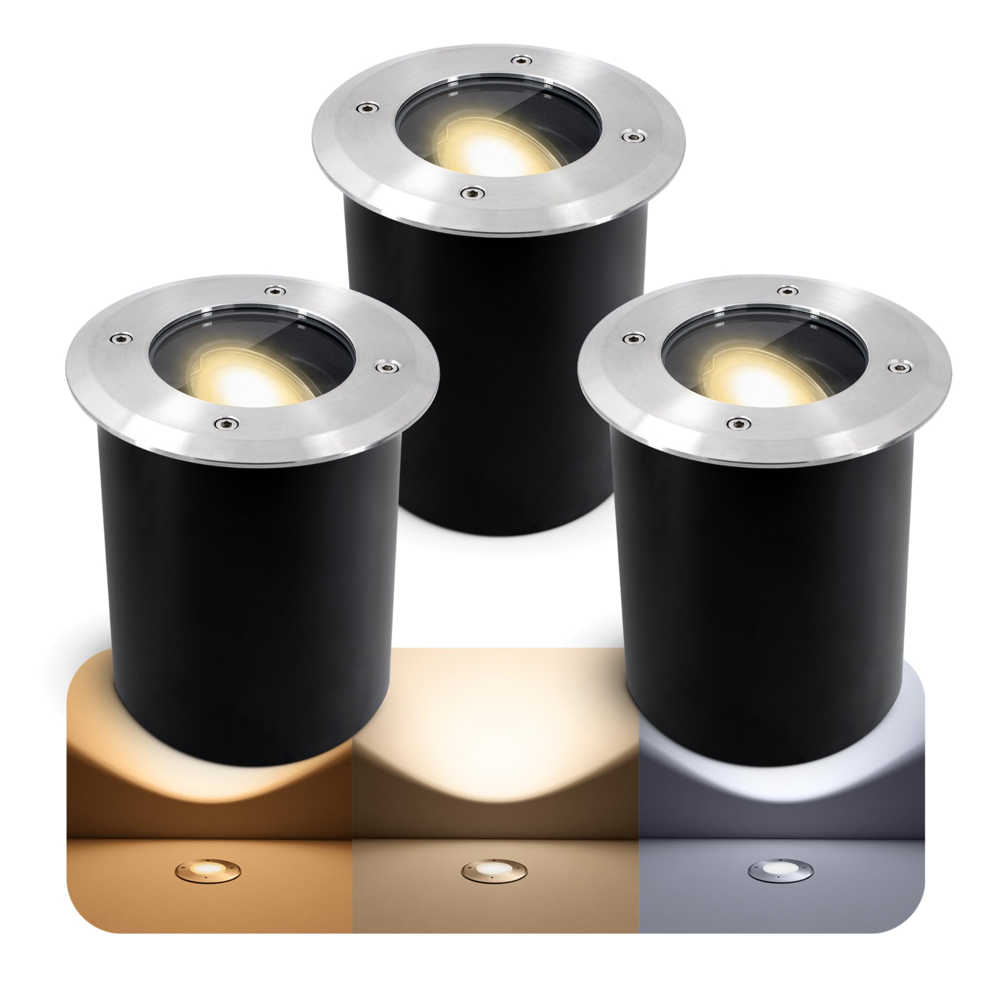 SSC-LUXon 3 Stück JUAVI Bodenstrahler dimmbar & schwenkbar IP67 rund - mit LED GU10 7W warmweiß 230V - Einbaustrahler Boden