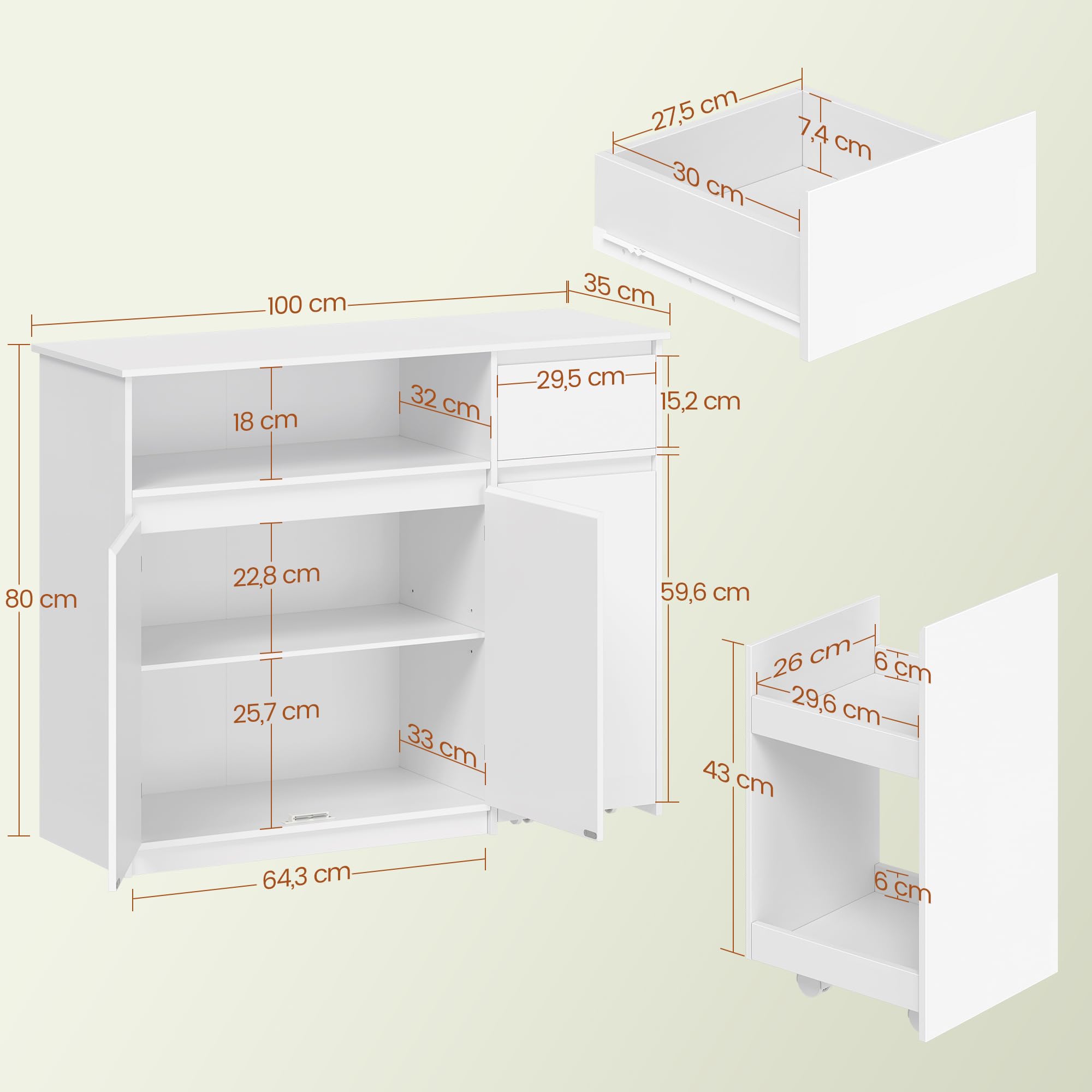 HEXCELEN Sideboard, Küchenschrank, Aufbewahrungsschrank mit Rollwagen, Schubladen und Verstellbaren Einlegeböden für Esszimmer, Küche und Wohnzimmer, Modern, 35 x 100 x 80 cm, Weiß