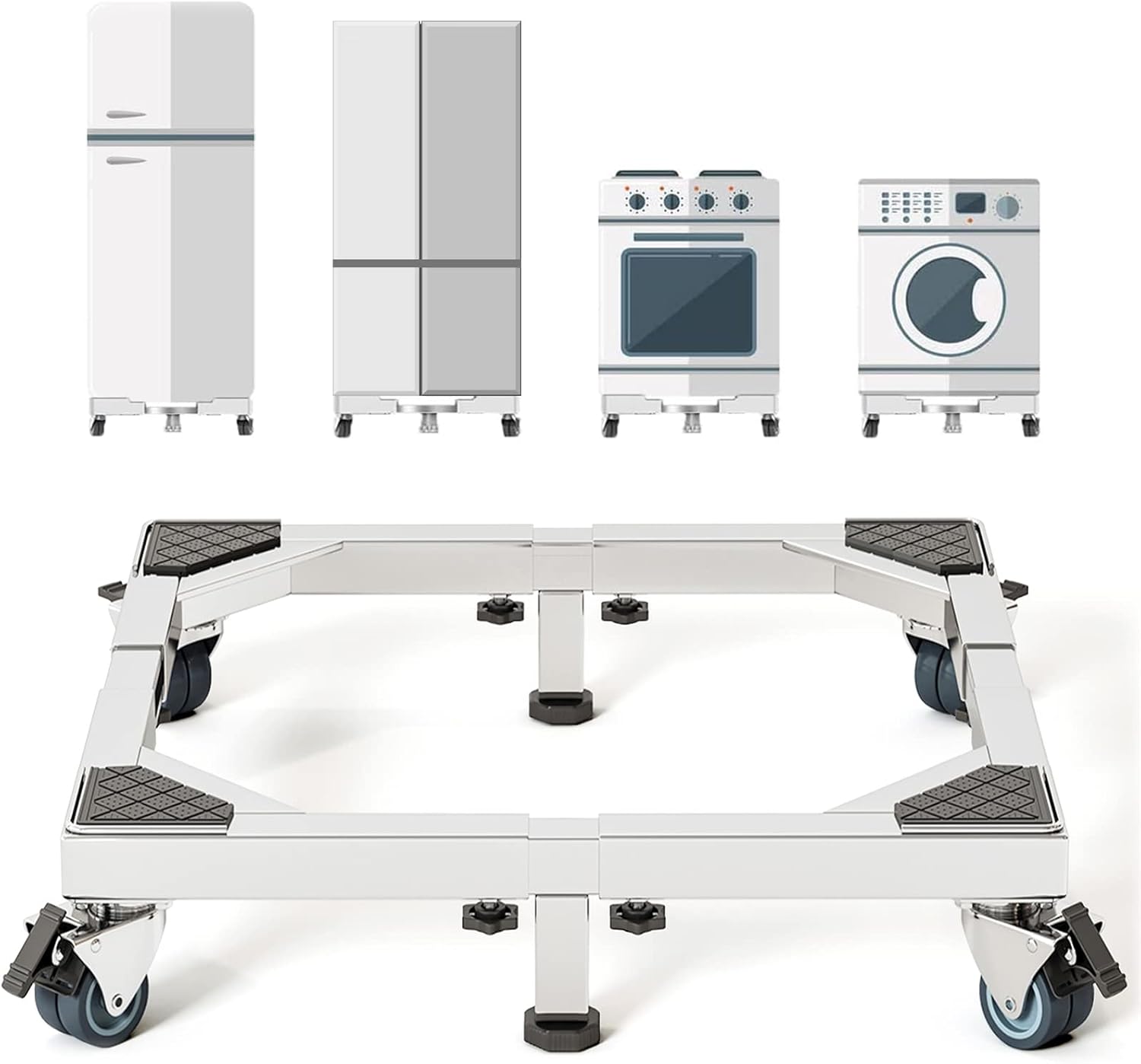 Chinchilla Heavy Duty All Stainless Steel Mobile Fridge Stand Base, Washing Machine Stand with Wheels, Adjustable Furniture Dolly for Washer, Refrigerator and Dryer（Large