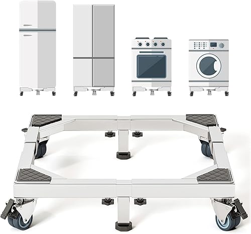 Miniatura 10 de CHINCHILLA Base de soporte móvil de acero inoxidable resistente para nevera, soporte de lavadora con ruedas, plataforma de muebles ajustable para