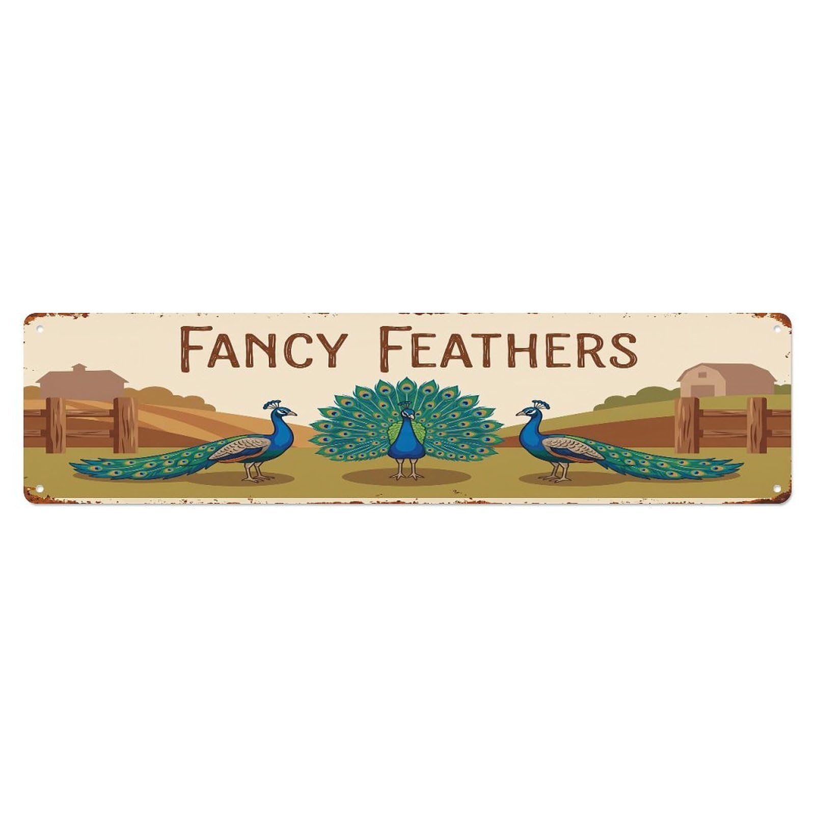 Vintage Peacocks Farm Scene Fancy Feathers Metal Tin Sign