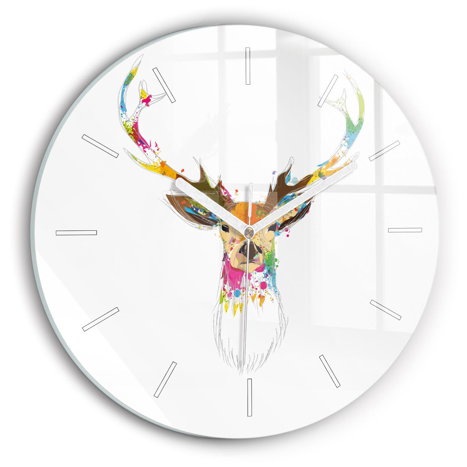 Horloge en verre Wallfluent 30 cm avec mécanisme silencieux et motif de tête de cerf colorée
