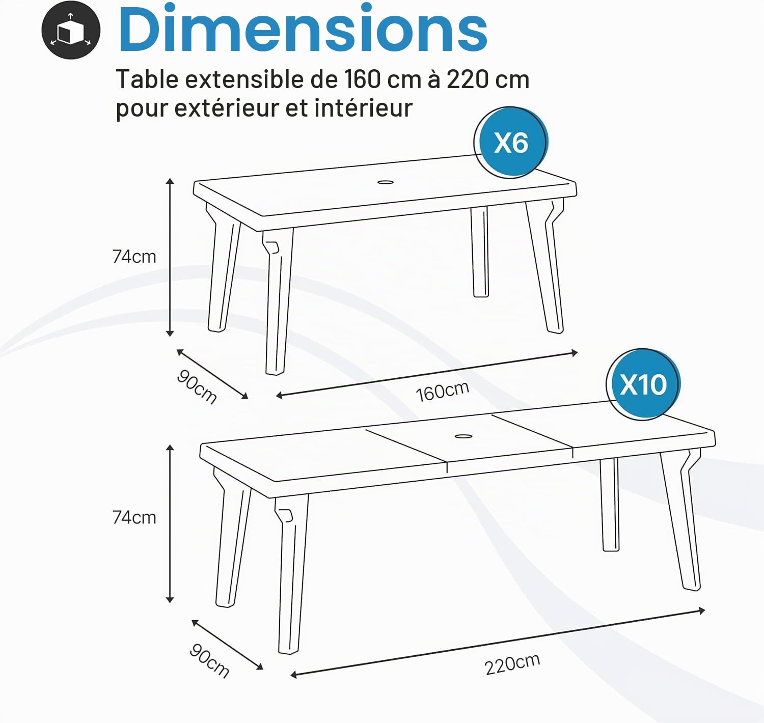 Tomaino - Ensemble de table et 6 chaises de jardin en plastique extensible, avec accoudoirs, empilable, pour l'extérieur, terrasse, salle à manger Norden (Noir)