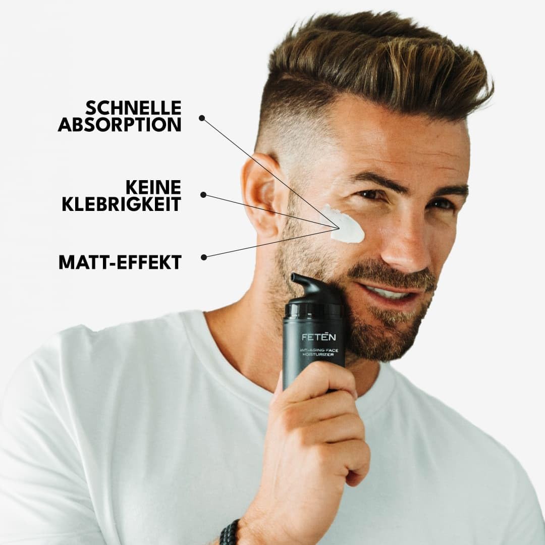 FETEN Gesichtscreme Männer – Feuchtigkeitsspendende Anti-Falten Creme mit Hyaluronsäure – Anti-Aging & Mattierende Gesichtspflege – Tages- & Nachtcreme Männer – Hautpflege gegen Akne 50ml (2er Pack)