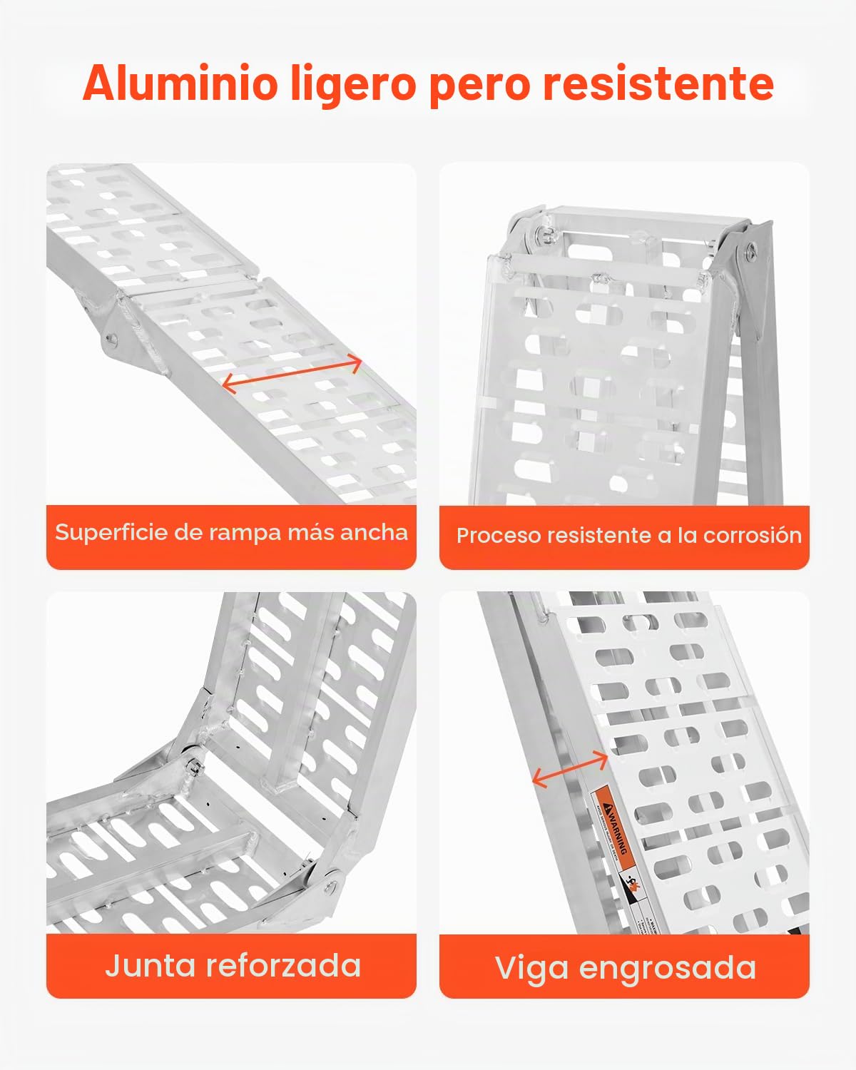 VEVOR Rampas de Aluminio Capacidad Carga 340 kg 1 Pieza Rampas Resistentes 2285 x 305 x 50 mm Rampa de Carga Estable Universal con Asas, Aptas para ATV, UTV, Motocicletas, Bicicletas Eléctricas