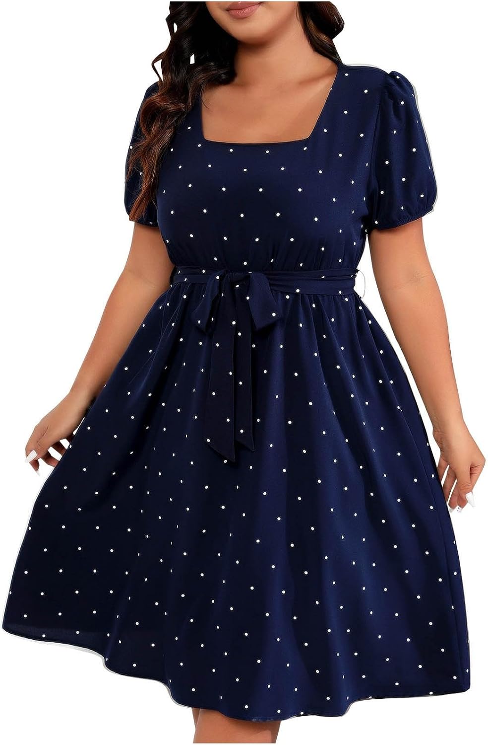 Womens Plus Size Mini Dresses Fashion Square Collar Short Sleeves Polkadot Pleated Midi Dress Swing Flowy Sundress