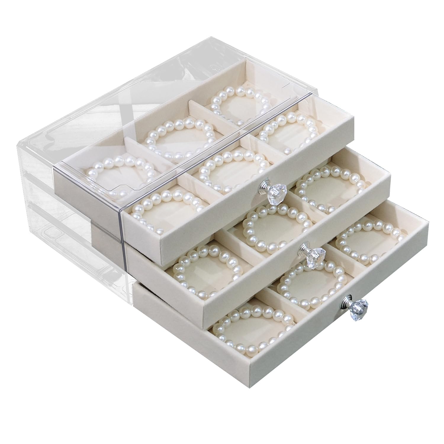 Boîte de rangement pour bracelets en velours beige élégant avec 3 tiroirs et 18 compartiments