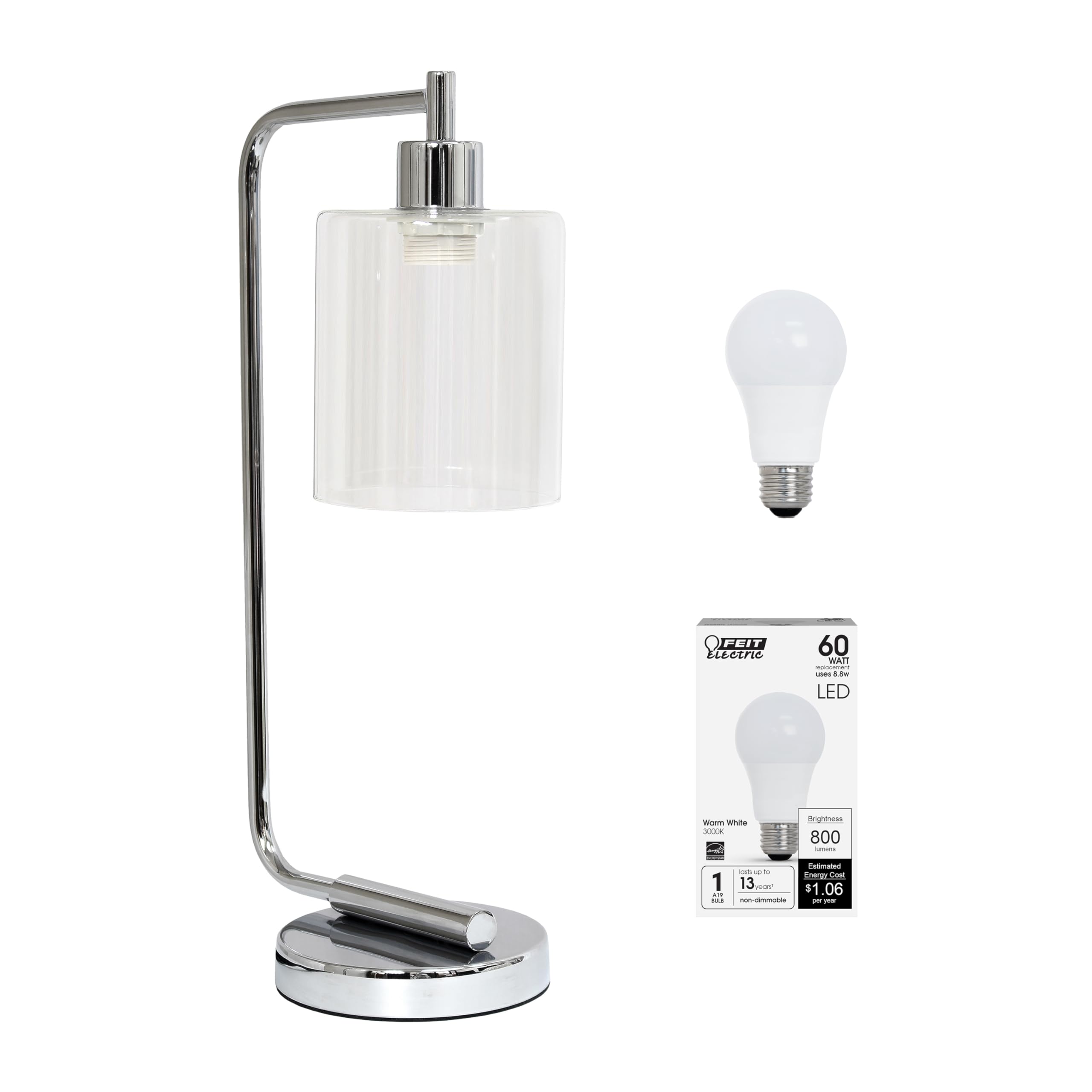 Simple Designs LD1036-CHR-LB 18.8" Industrial Bronson Antique Style Iron Lantern Desk Table Lamp with Glass Shade for Home Décor, Office, Living Room, Bedroom, Chrome, with Feit LED Bulb Included