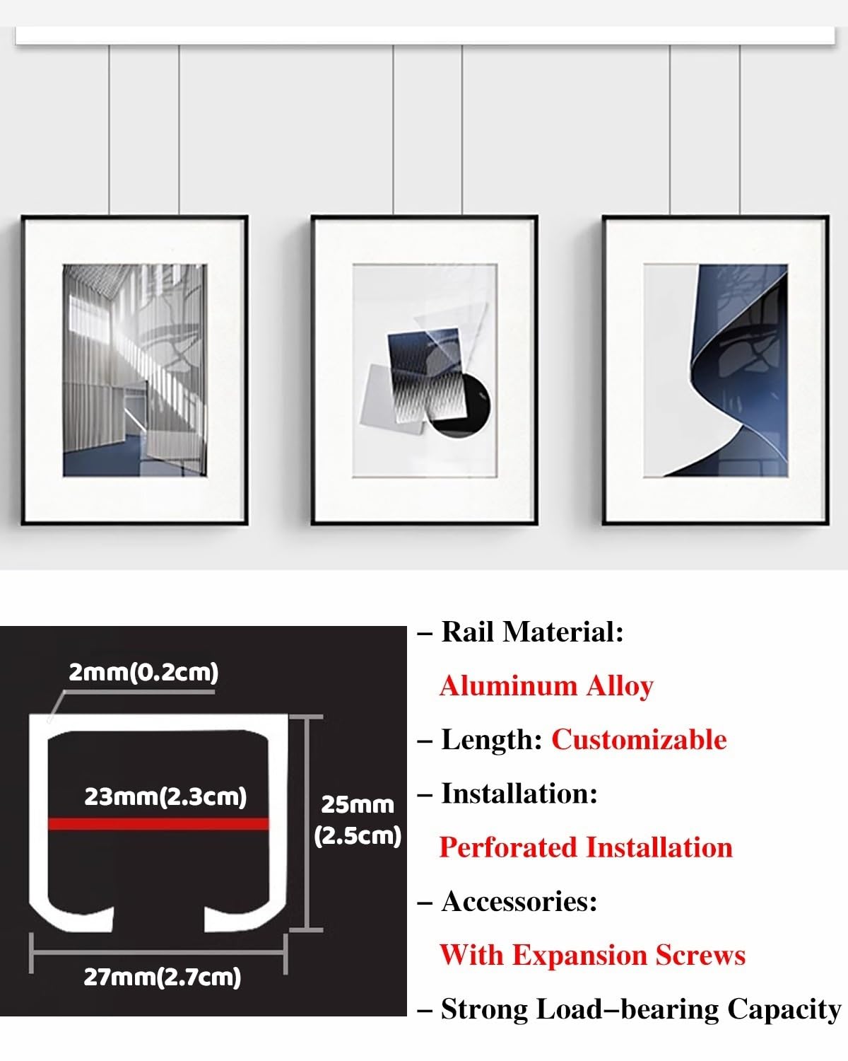 Colgar Cuadros Resistente Riel Colgar Cuadros con Cable de 1m 2m 3m, Galería Sistema para Colgar Cuadros Cordón Decorativo para Paredes de Hormigón Plano A Pared para Colgar Cuadros Sin Agujeros(100cm