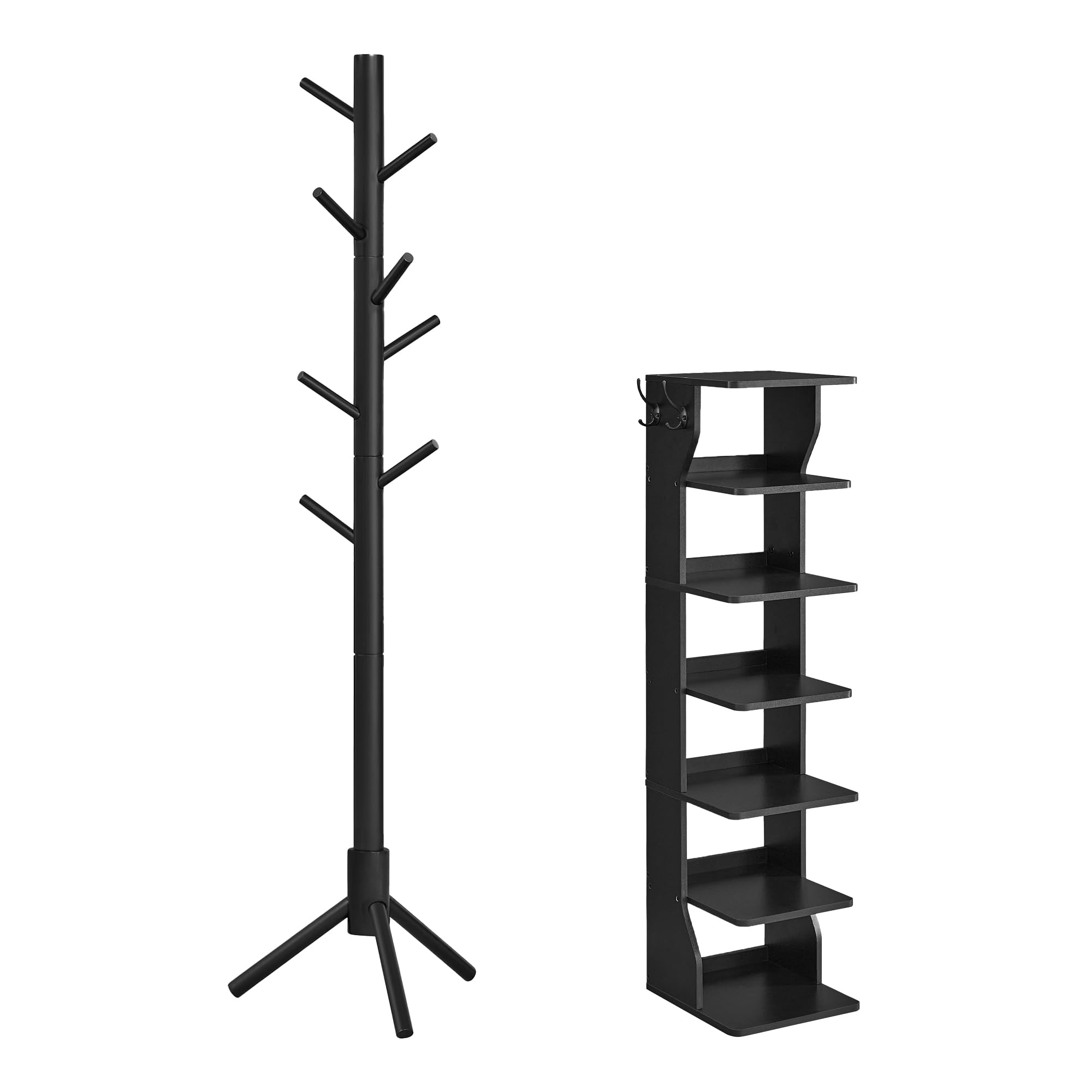 VASAGLE Shoe Rack Bundle with Coat Rack, Slim Wooden Corner Shoe Tower Rack, Coat Tree with 8 Hooks, 3 Height Options, Ink Black ULBS200T16 and URCR04BK