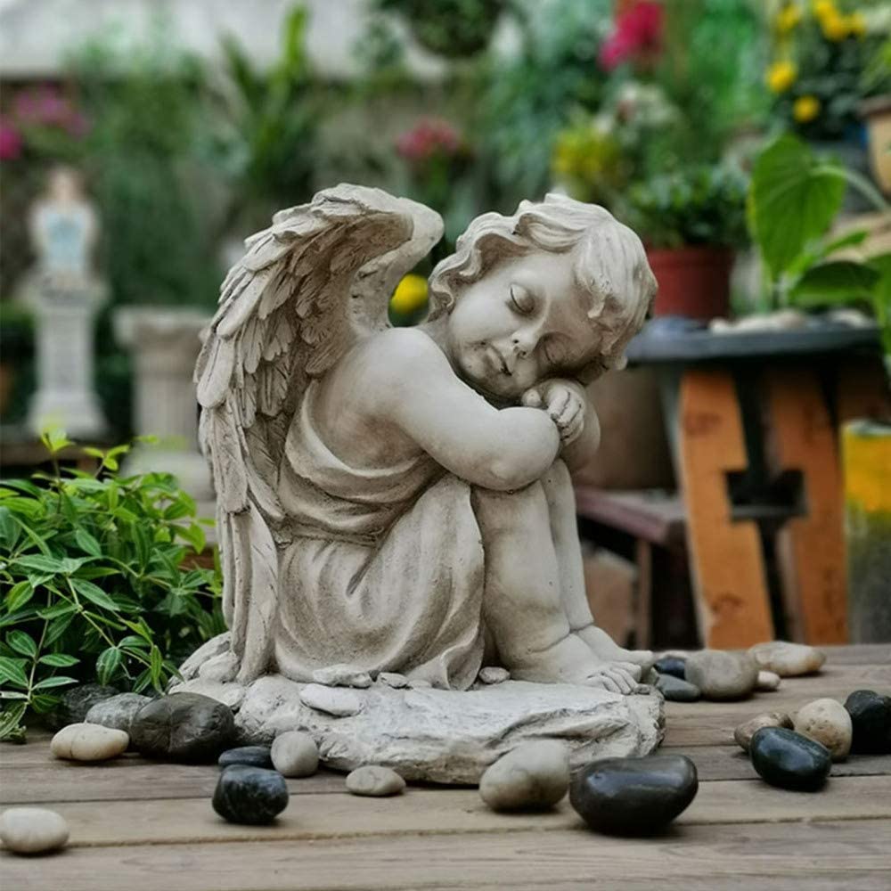 Figurka ogrodowa małej dziewczynki na rzeźbie anioła, serce, pamiątkowy prezent, statuetka anioła ze skrzydłami do domu, trawnika lub ogrodu (kolor: B-lewa)