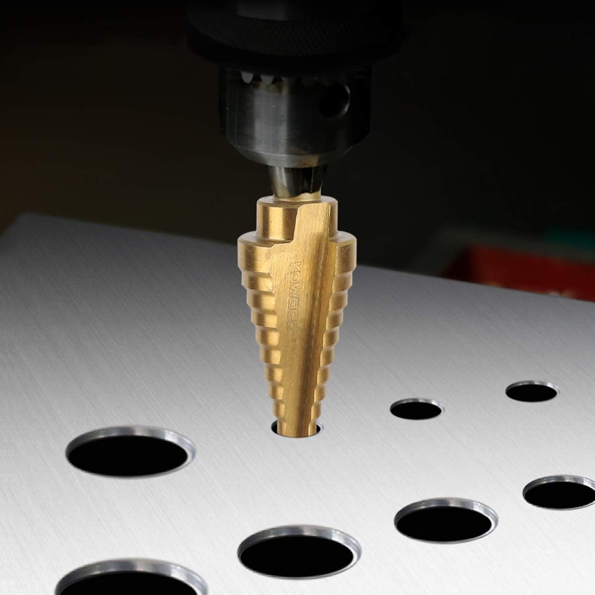 KOWOOD HSS Step Drill Bit Set & Automatic Center Punch 6 Pcs Set with Titanium Coated. Portable case Step Drill bits Set