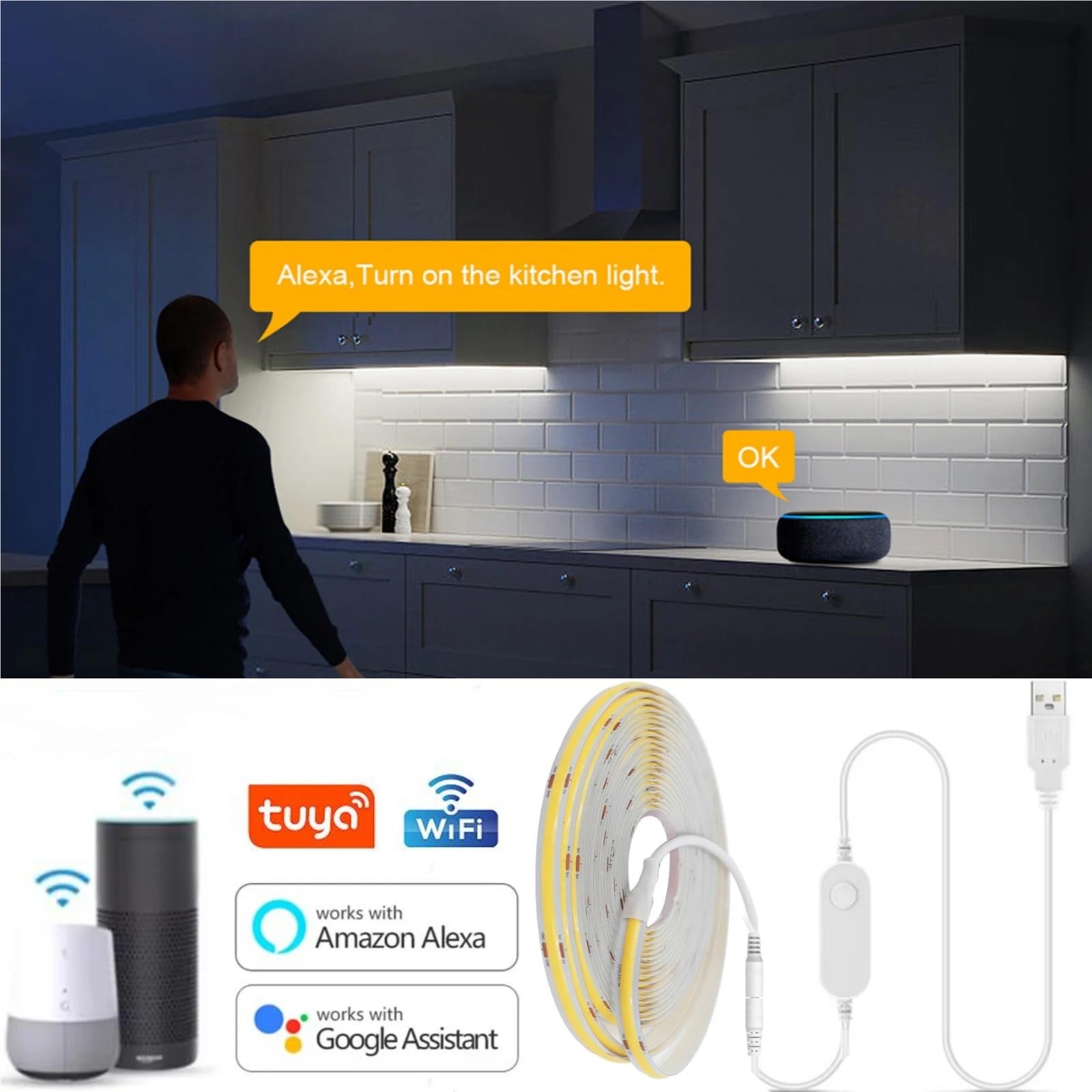 Striscia LED Smart Life APP Controllo dimmerabile 5V USB 320LED Armadio da cucina a parete con luce lineare(Natural white,5 Strip with Wifi,2m)