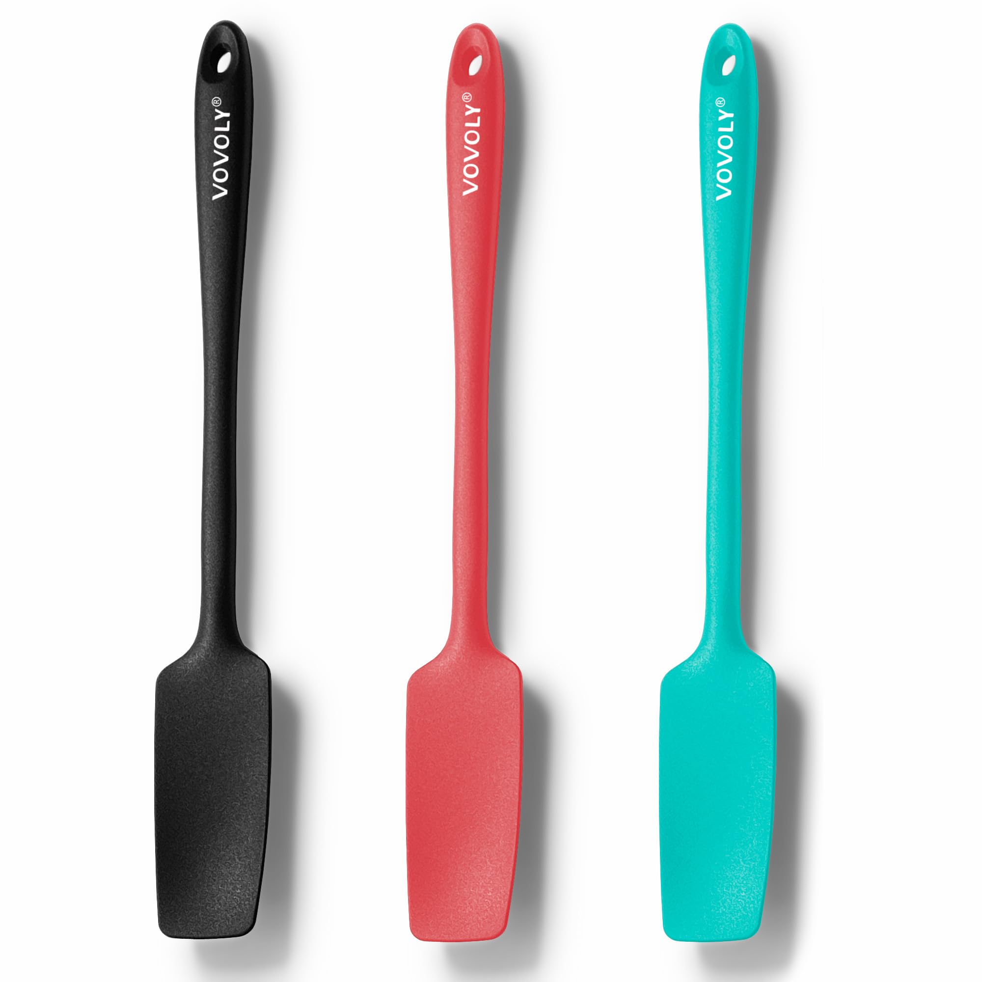 VOVOLY Silicone Jar Spatulas, Long Handle Jar Spatulas, 600ºF Heat Resistant Small Spatula, Seamless Design, Stainless Steel Core, BPA Free Spoonula (3, Mixed)