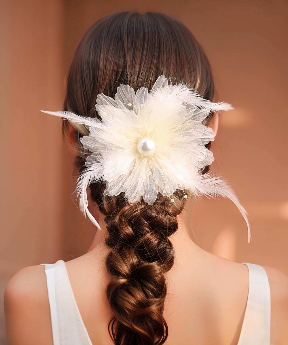 Yheahin Vintage Women Feather Flower Hair Clip Barrettes Victoria 1920s Large Floral Headpiece with Pearl for Dance Tea Party (White)