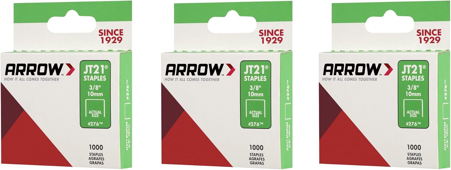 Arrow 276 JT21 3/8-Inch / 10mm Staples, 1000 Staples, Pack of 3