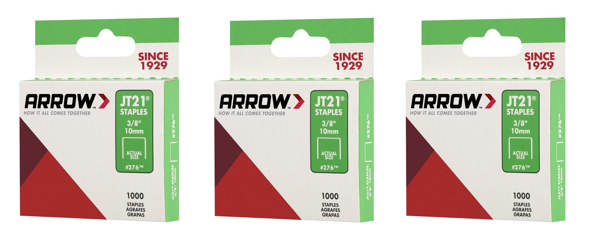 Arrow 276 JT21 3/8-Inch / 10mm Staples, 1000 Staples, Pack of 3