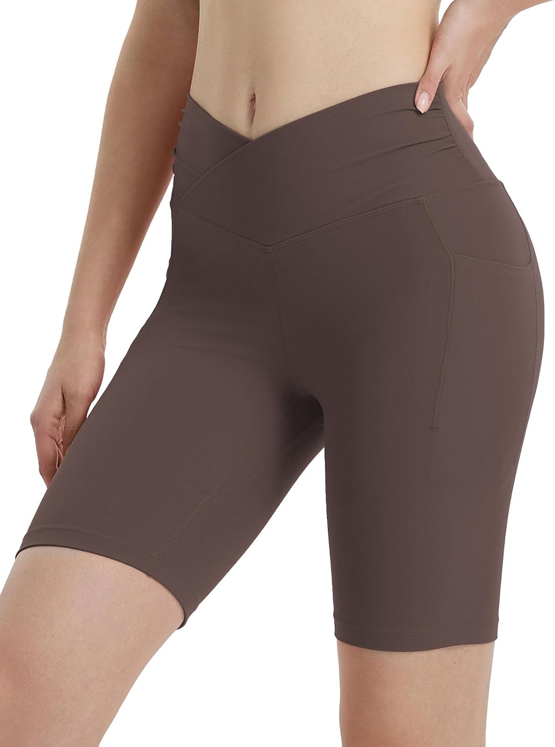 baleaf Women 8″ Yoga Shorts with Pockets V Crossover Workout Gym Tummy Control Spandex Running Bottoms