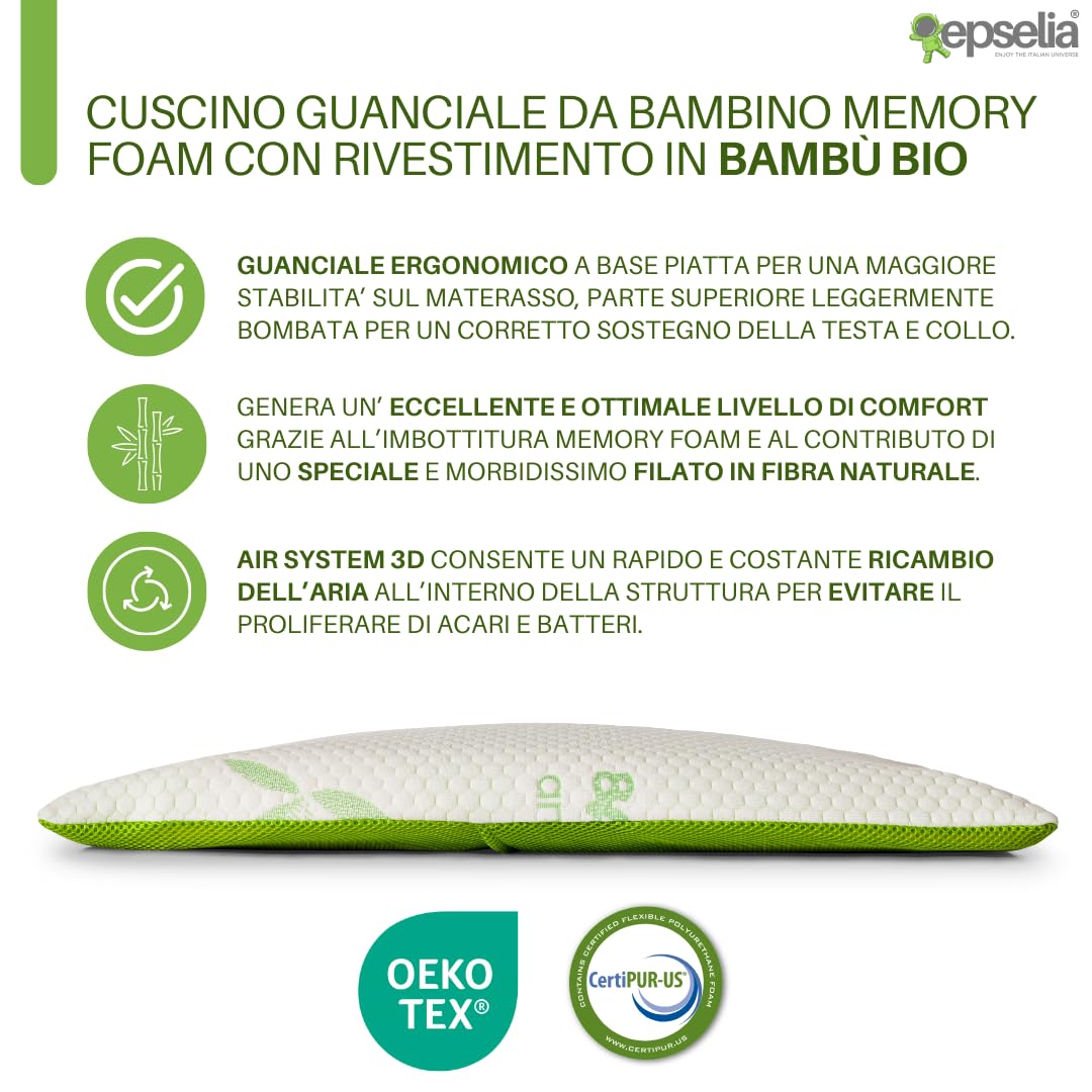 EPSELIA Cuscino Lettino per Bambini Memory Foam in BAMBU' BIO cm 60x40 H6 Antisoffoco Ergonomico, Anallergico e Traspirante tessuto Air 3D, Cuscino Asilo o Viaggio Sfoderabile, CertiPUR™ OEKO-TEX®