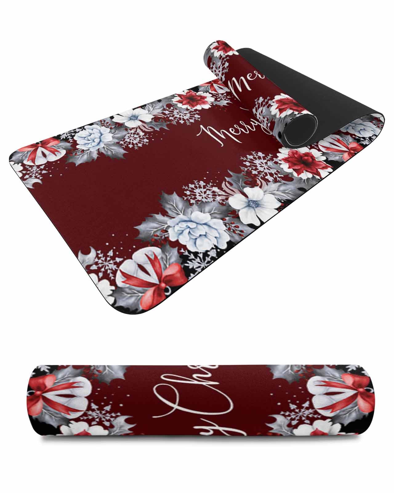 Debedcor Heat Proof Table Pads Waterproof Decorative, Christmas Poinsettia Non-Slip Table Countertop Protector, Rustic White Red Flower Snowflake Insulation Mat for Dining Room, 48 x 12 Inches