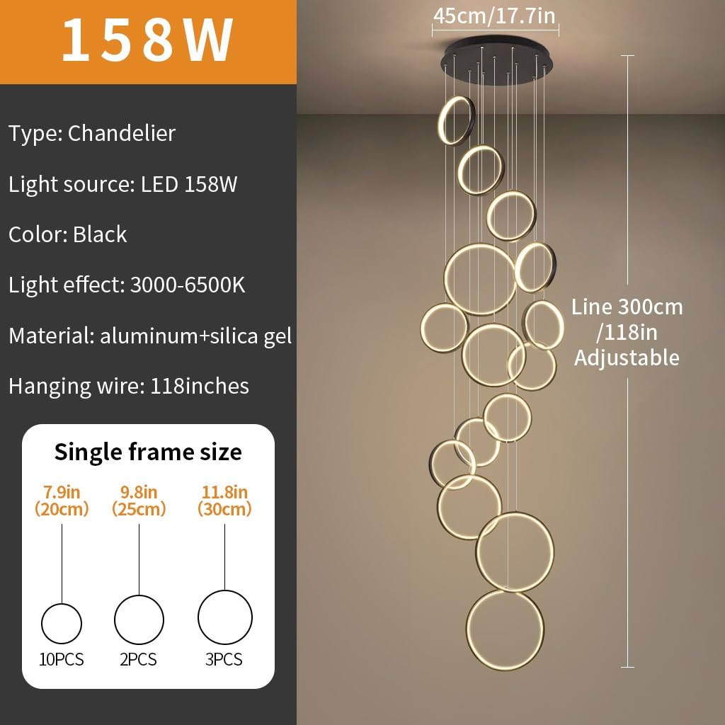 Lampadario a Sospensione LED Moderno - Plafoniera dimmerabile con Telecomando, Altezza Regolabile, 18 luci, 195W. Ideale per Scale, Soggiorno, Hotel, Ingresso.
