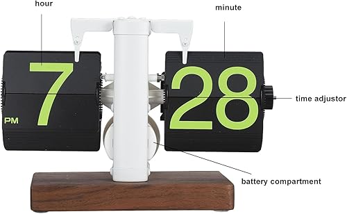 Miniatura 8 de Mechanical Flip Clock Wood Base, 12h Single Sided Large Numbers, Frosted White Frame Green Page - Retro Vintage, Easy to Read, Ideal for Living Room