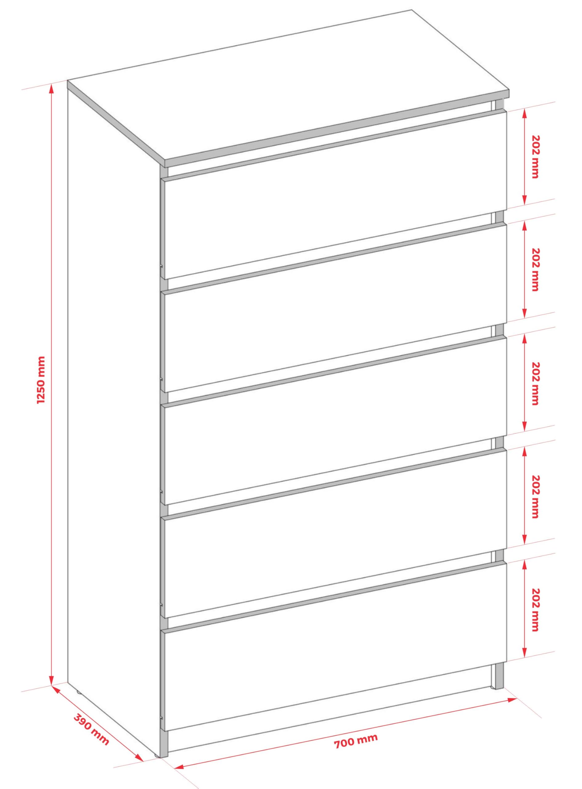 3E 3xE living.com Cassettiera, credenza con 5 cassetti, Quercia sonoma/BIANCO, D: 70 x 124 x 39 cm