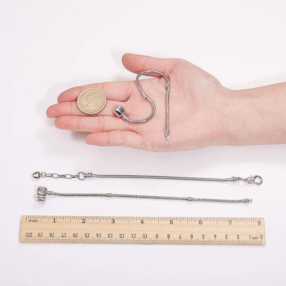 SUNNYCLUE 6pcs 2 Styles 18cm European Snake Chain Charm Bracelet Silver with Classic Bead Barrel Heart Clasp for Jewellery Making Accessories - Image 3