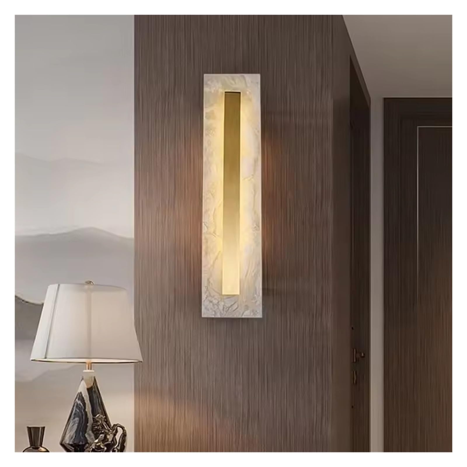 ASerZenith Natural Marble Led Wall Light Luxury 3 Color Dimming Copper Sconce Lamp For Indoor Aisle Tv Background Decoration,Cool White-Square 35Cm