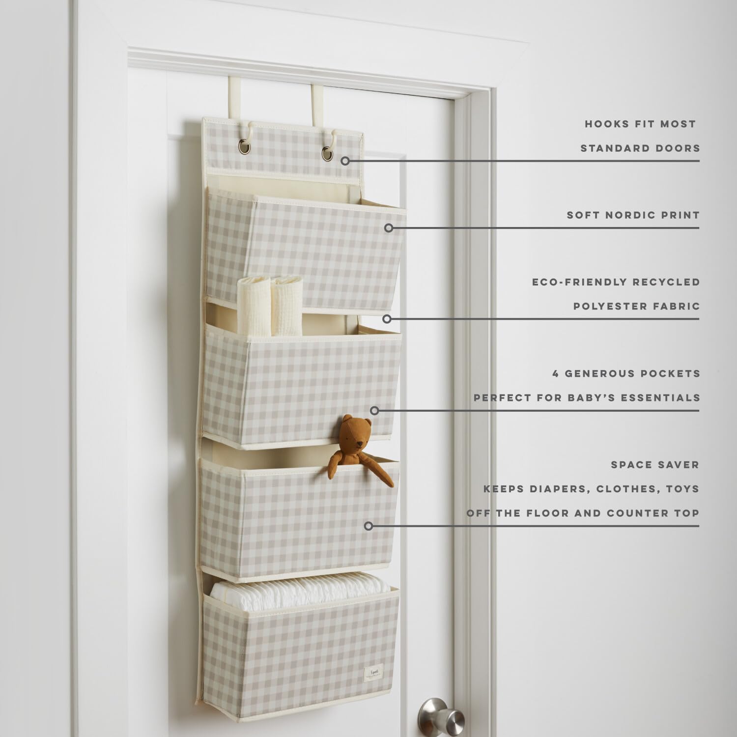 3 Sprouts Over Door Storage Organiser, Back of Door Hanging Organisers with 4 Large Pockets & 2 Hooks for Nappy Baby Clothes - Image 3