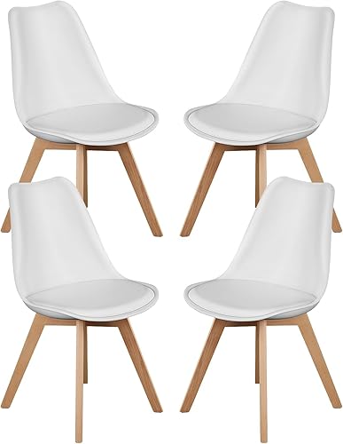 Hesham Juego de 4 sillas auxiliares de comedor, cocina, sillas de comedor modernas de mediados de siglo con patas de madera y cojín de piel