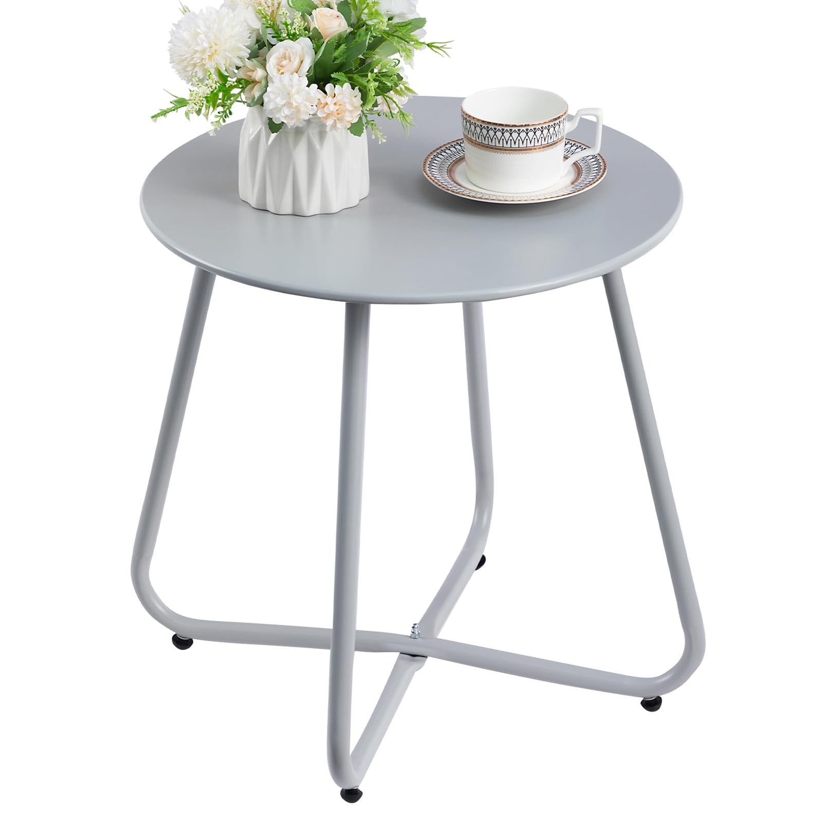 HollyHOME Beistelltisch Outdoor Gartentisch Balkontisch, Runder Patio Beistelltisch Kaffeetische Nachttisch Metalltisch Garten Terrasse, Grau