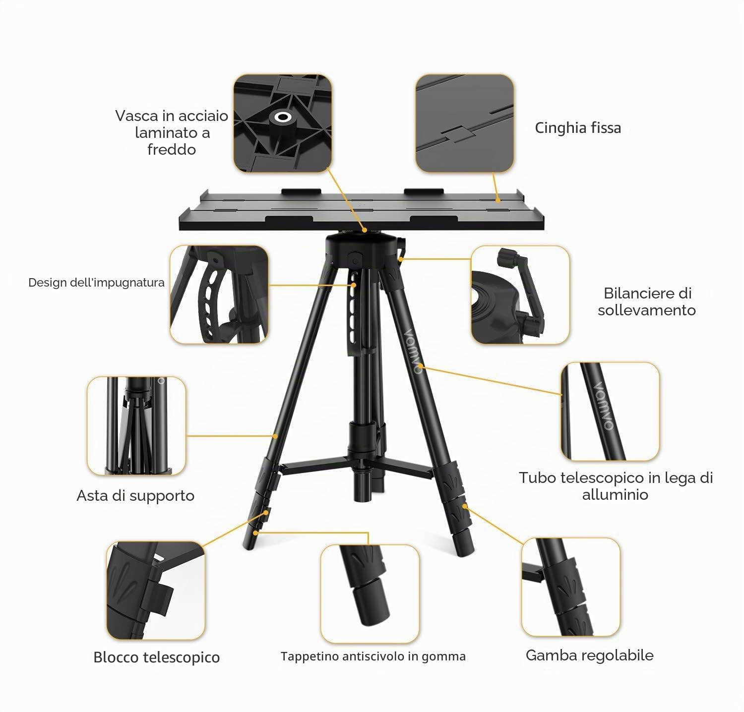 Vamvo - Supporto da pavimento per treppiede, per videoproiettore, portatile, pieghevole per proiettore, regolabile in altezza da 42 cm a 115 cm con piastra pieghevole (nero)