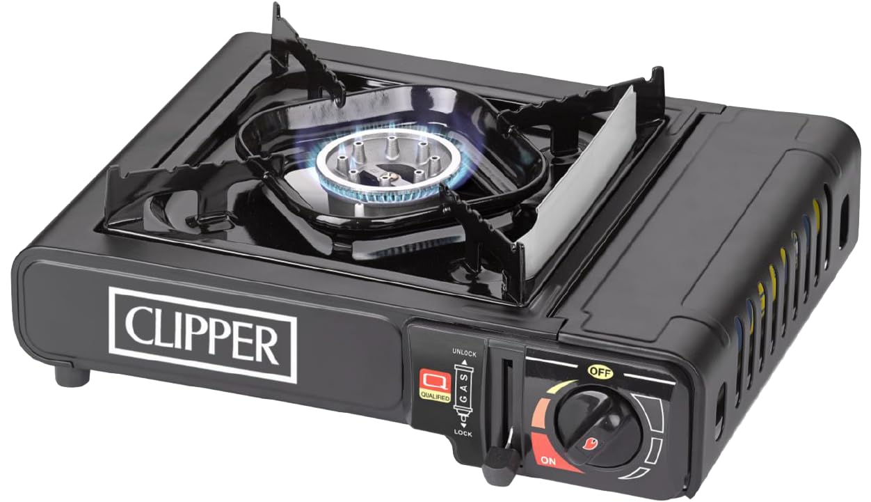 Clipper Portable Camping Stove, Black, with Carry Case, Automatic Ignition, Heat Control, EN417 Compliant